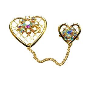 Vintage Gold Tone Heart-Shaped Aurora Borealis Chatellaine Brooch Rhinestone